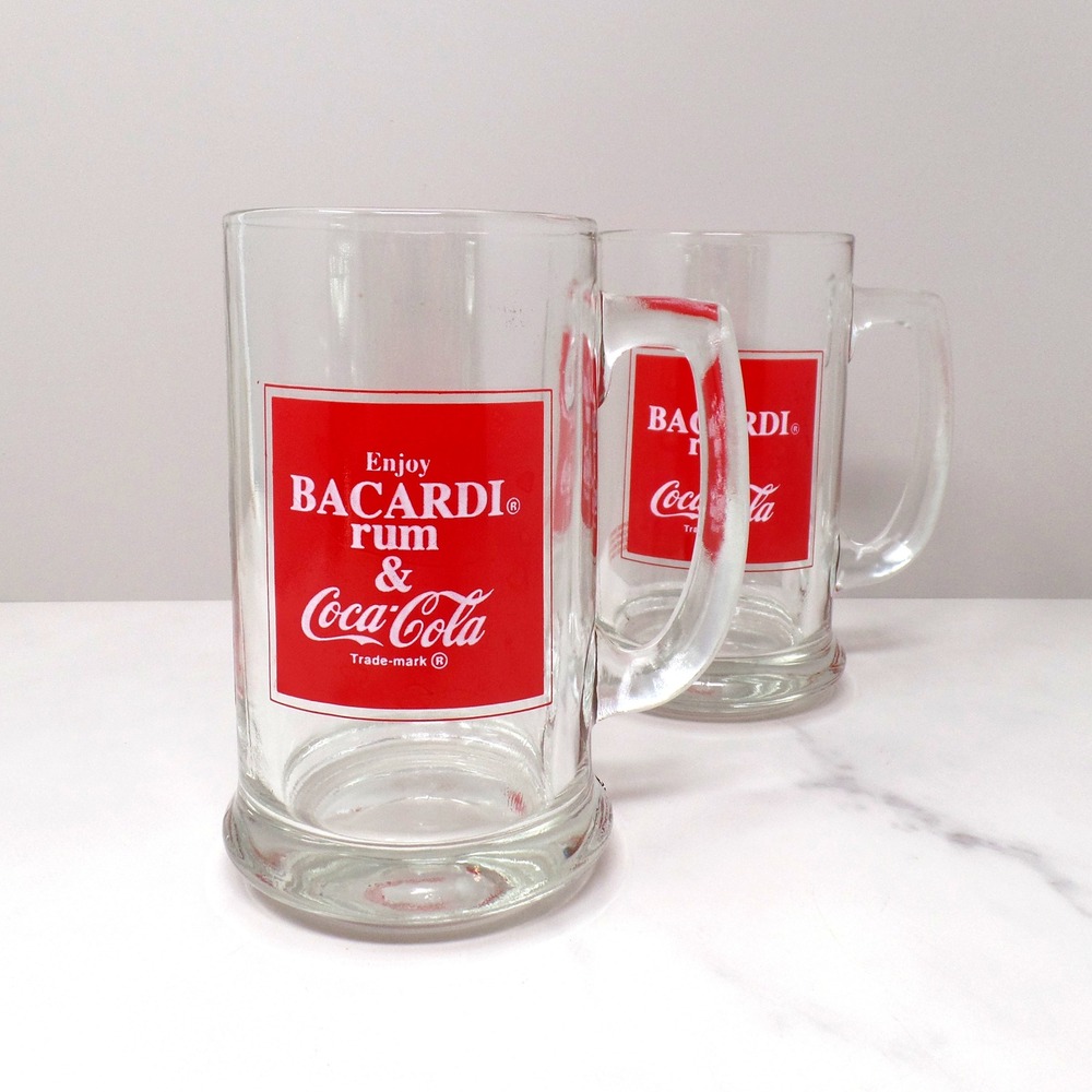 Vintage Bacardi Rum & Coca-Cola Glass Mugs, 14 oz, set of 2